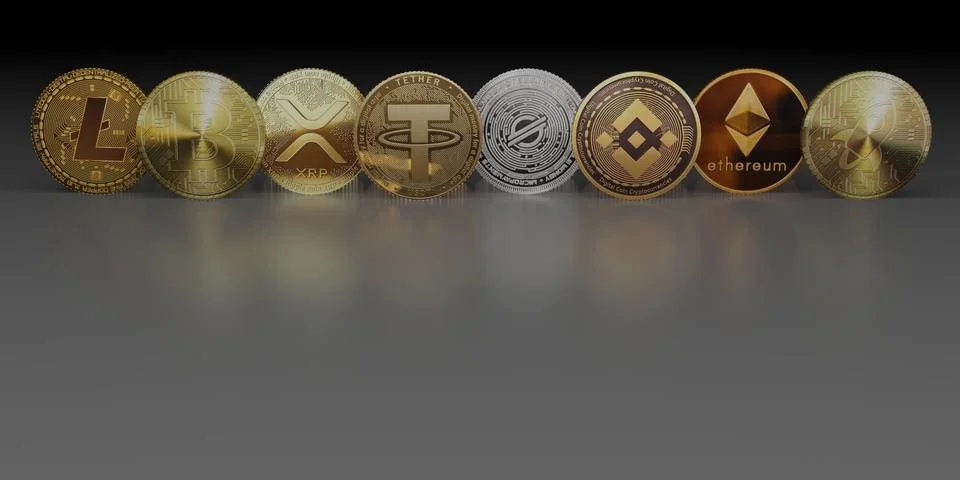 Include Cryptocurrency Coins with bitcoin litecoin and ethereum symbols on .. Stock Illustration