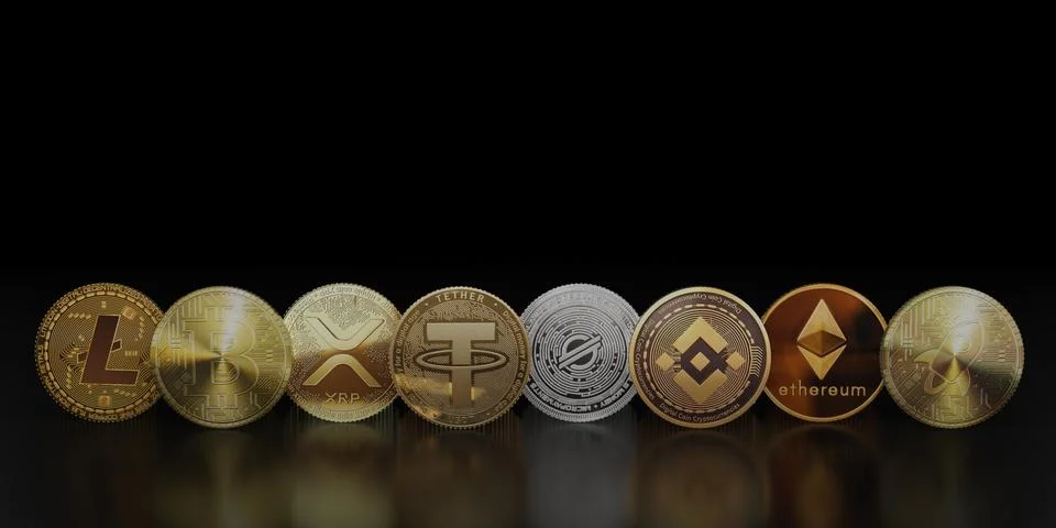 Include Cryptocurrency Coins with bitcoin litecoin and ethereum symbols on .. Stock Illustration