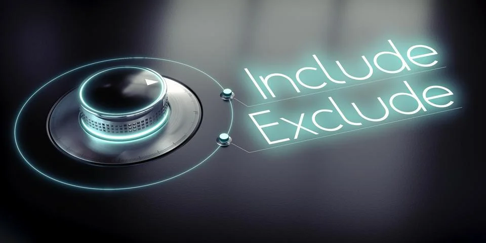 Include, exclude - rotary knob and glowing words - 3D illustration Stock Illustration