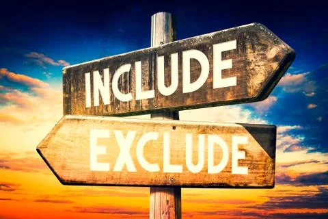 Include, exclude - wooden signpost, roadsign with two arrows Stock Illustration