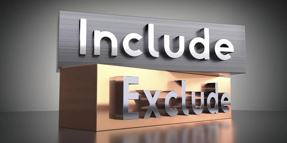 Include, exclude - words on metal blocks - 3D illustration Stock Illustration