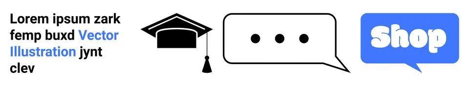 Includes a graduation cap, a chat bubble, and a blue shop button. Ideal for e 스톡 일러스트