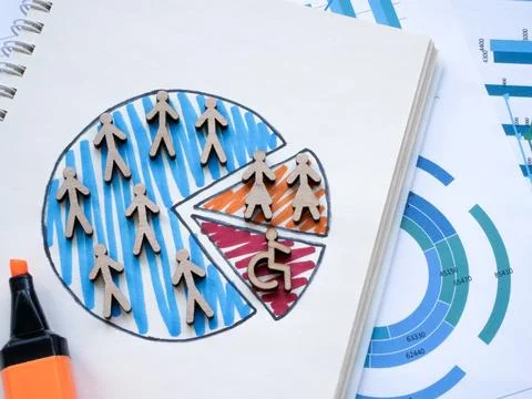 Inclusion concept. Graph with segments of disabled people and women as part of Stock Photos