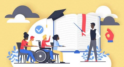 Inclusive education, group of tiny diversity children and teacher study on Stock Illustration