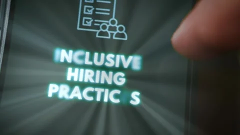 Inclusive Hiring Practices themed graphic presentation viewed on smartphone Stock Footage 289090529