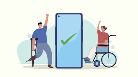 Inclusive mobile technology animation with happy disabled man and woman wit.. Stock-Footage 339080899