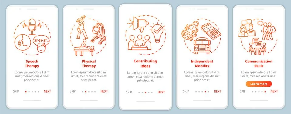 Inclusive program onboarding mobile app page screen with concepts. Therapy and 스톡 일러스트