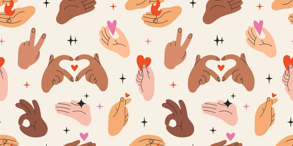 Inclusive vector seamless pattern with hands of different skin tones. Love .. Stock Illustration