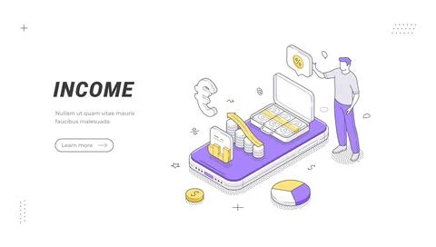 Income banner template. Isometric vector illustration of a man analyzing fina Stock Illustration