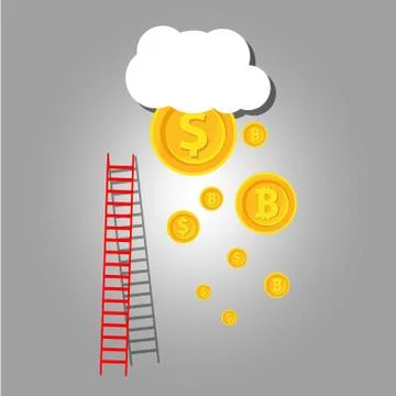 Income, Bitcoin, Coins Stack, Cloud Flat Vector Icon. Isolated on White Backg Stock Illustration