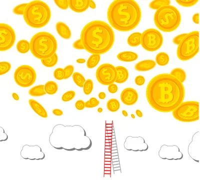 Income, Bitcoin, Coins Stack, Cloud Flat  Icon. Isolated on White Background. Illustrazione stock