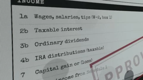 Income section of IRS Form 1040 with stamp Approved Stock Footage 333445688