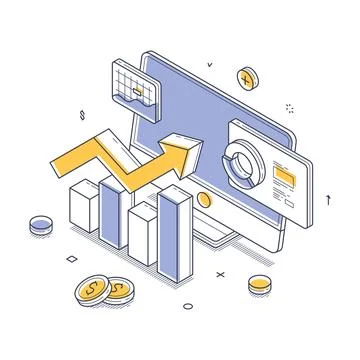 Income statement computer data analyzing workflow concept isometric line vect Stock Illustration