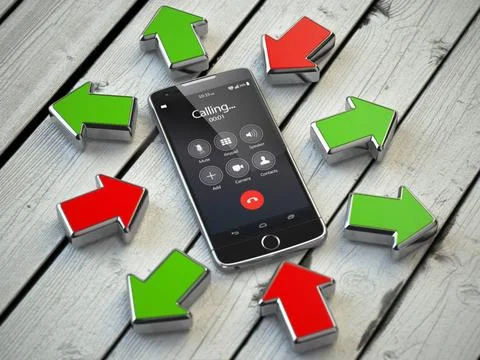 Incoming and outgoing calls, syncronization. Mobile phone and arrows. Comm... Stock Photos