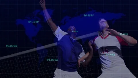 Incoming ball causing two players jumping to win header while sports data Stock Footage 330602706