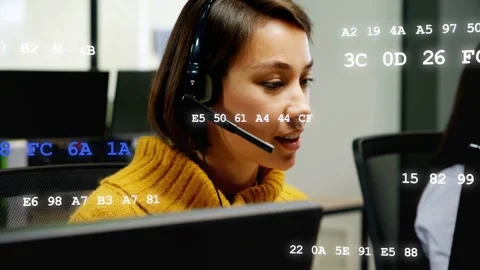 Incoming call causing yellow agent tuning headset, handling support, hex overlay Stock Footage 333609701