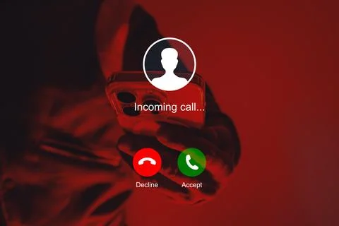 Incoming call graphic interface design overlaid on a smartphone with red neon Stock Photos
