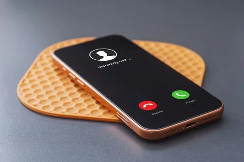 Incoming call interface displayed on modern smartphone on a table. Concept .. Stock Photos