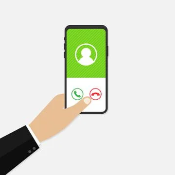 Incoming call on smartphone screen. Calling service. Hand holds smartphone, f 스톡 일러스트
