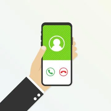 Incoming call on smartphone screen. Calling service. Hand holds smartphone, f 스톡 일러스트