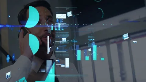 Incoming call starting data overlays, exec answering on smartphone then checking Stock Footage 331085136