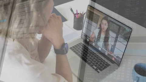 Incoming call starting, desk worker leaning forward, watching laptop, overlays Stock Footage 333232819