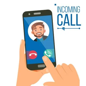 Incoming Call Vector. Man Face On Mobile Smartphone Screen. Calling Service Stock Illustration