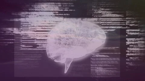 Incoming code panels appearing, translucent 3D brain rotating and pulsing, Stock Footage 321100021
