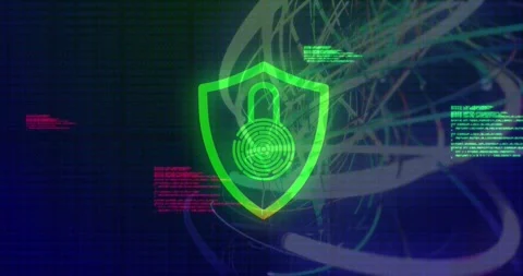 Incoming code pulse starting neon shield pulsing rotating rings strands weaving Stock Footage 329909324