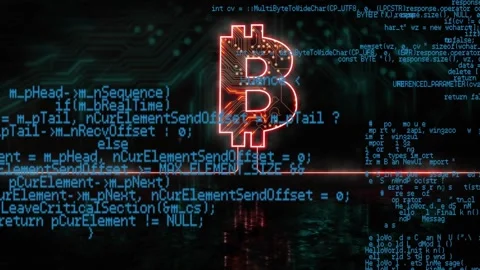 Incoming code stream starting neon Bitcoin symbol pulsing and glowing, Stock Footage 329750371