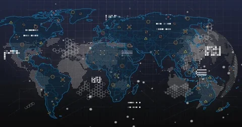 Incoming data activating dotted map, tracing outlines, adding markers, linking Stock Footage 320651987