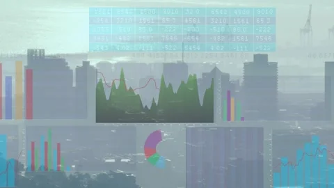 Incoming data arriving, clear panels sliding and reshaping over city skyline Stock Footage 322220590
