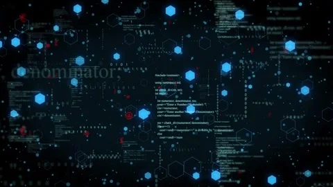 Incoming data driving blue hex field pulsing, drifting while code column Stock Footage 334351796