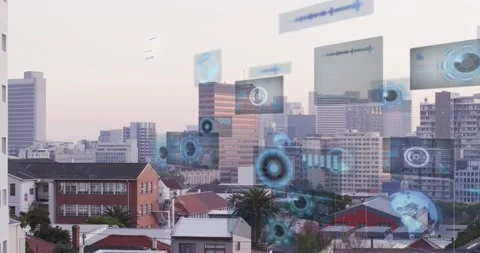 Incoming data feed activating blue UI panels appearing rotating layering over Stock Footage 328396072
