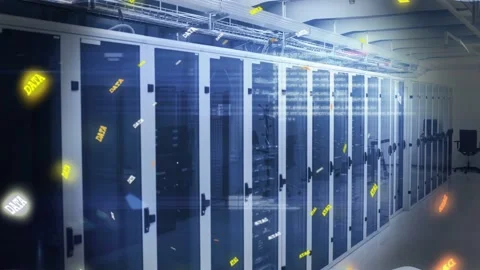 Incoming data hitting data center racks, DATA labels appearing and intensifying, Stock Footage 332955954