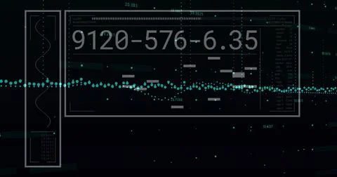 On incoming data HUD panel updating readouts, teal dots dipping and bars Stock Illustration