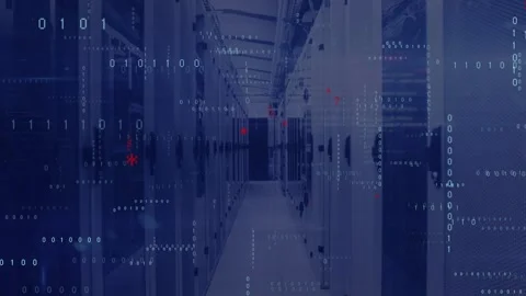 Incoming data initiating binary streams and code cascading over datacenter aisle Stock Footage 332566493
