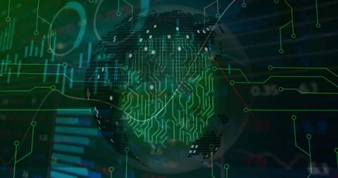 Incoming data lines driving pixel globe circuit glowing on rotating nodes to Stock Footage 311663609