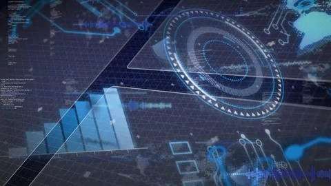 Incoming data ping starting unified HUD, bars rising, dial sweeping, map Stock Footage 329122490