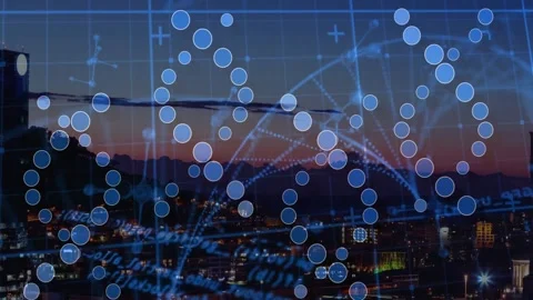 Incoming data pulse activating digital overlay on sunset skyline, nodes Stock Footage 330143923