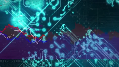 Incoming data pulse starting circuit grid pulsing nodes glowing graphs advancing Stock Footage 334725017