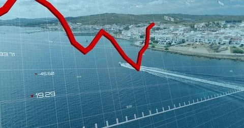Incoming data spawning red 3D finance chart showing trends over bay overlapping Foto stock
