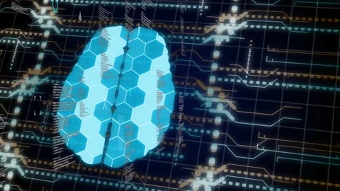 Incoming data starting 3D brain pulsing, lighting hex tiles while code columns Stock Footage 334337770