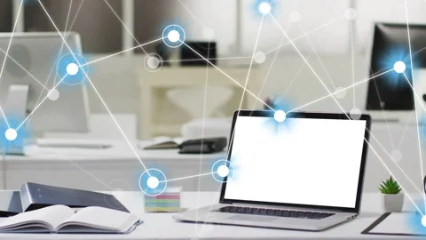 Incoming data starting network overlay nodes pulsing anchoring onto laptop Stock Footage 335465846