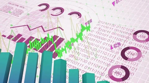 Incoming data starting, teal bars rotating while green line varying and donuts Stock Footage 333719935