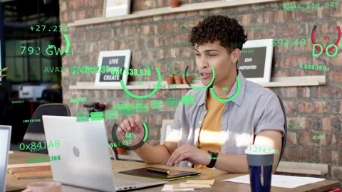 Incoming data update appearing man at desk typing reacting raising comparing Stock Footage 333019515