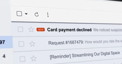 Incoming email with title Card payment declined, new email Stock Footage 335271276