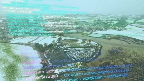 Incoming feed driving code overlay fading scrolling over peninsula while drone Stockbeeldmateriaal 322204428