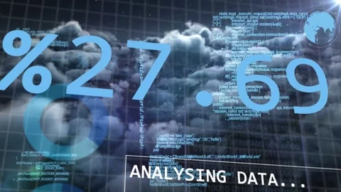Incoming feed starting ANALYSING DATA panel, numbers sliding, code flowing, Stock Footage 334768734