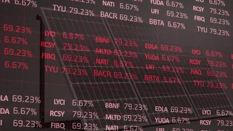 Incoming finance feed starting scrolling red and white codes and % columns, Stock Footage 333965484
